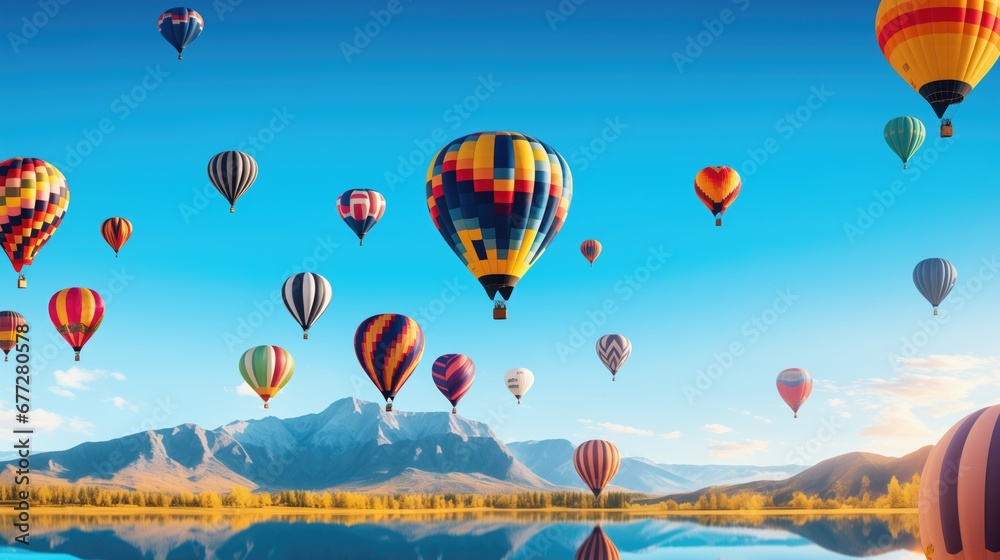 Obraz premium Colorful group of hot air balloons against a beautiful mountain lake landscape and the blue sky