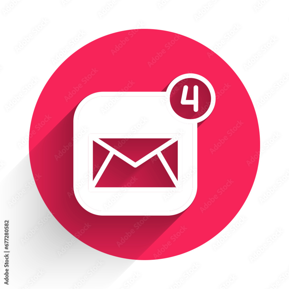 White Envelope icon isolated with long shadow background. Received message concept. New, email incoming message, sms. Mail delivery service. Red circle button. Vector White Envelope icon isolated with long shadow background. Received message concept. New, email incoming message, sms. Mail delivery service. Red circle button. Vector