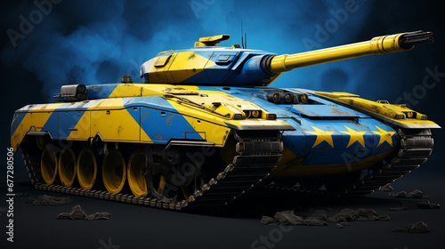 Tank with the flag of Ukraine. tank in the colors of Ukraine.Generative AI