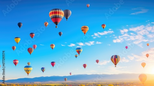 Colorful group of hot air balloons at a festival against a beautiful mountain landscape and the blue sky