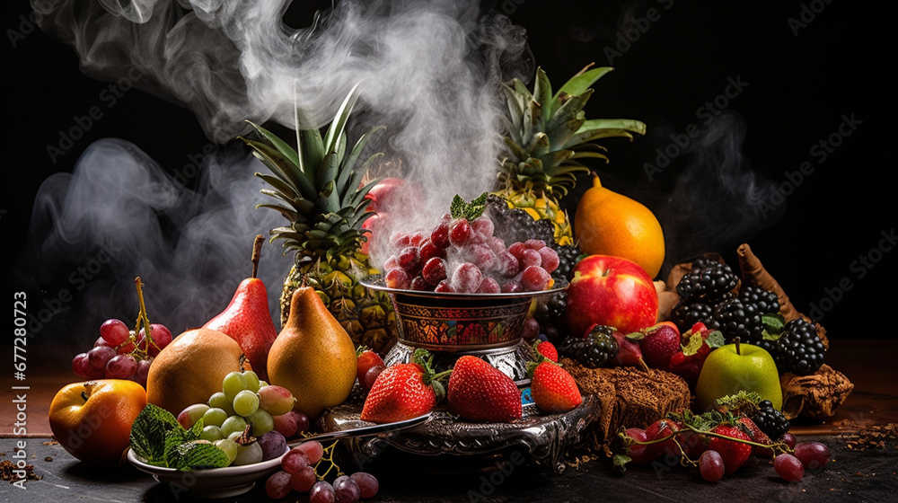 Tobacco fruits for hookah, hookah. The concept of fruit tobacco for hookah. Generative AI - obrazy, fototapety, plakaty 