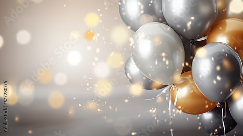  a bunch of silver and gold balloons floating in the air with a boke of gold and silver balloons in the air with a boke of gold and white boke.  generative ai photo