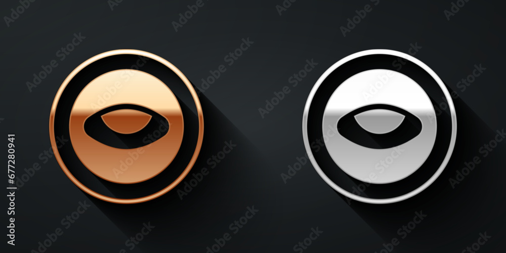 Gold and silver Medallion with eye icon isolated on black background. Magic amulet with eye. Long shadow style. Vector Gold and silver Medallion with eye icon isolated on black background. Magic amulet with eye. Long shadow style. Vector