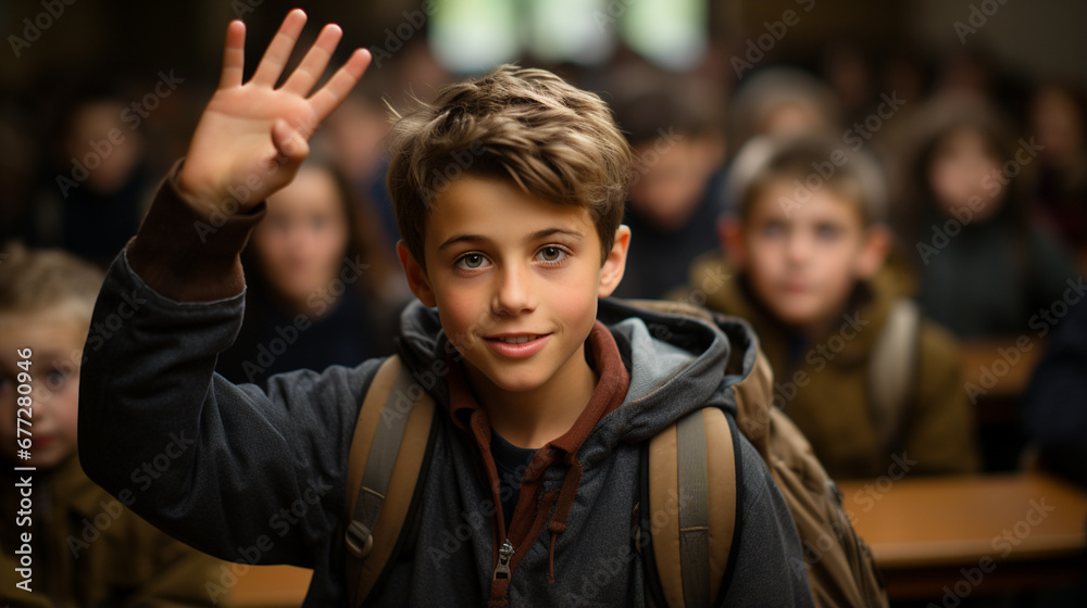 Student raising hand in class. Boy asking for the floor to speak in a school. Boy with backpack in the middle of a class at school. Group of primary level students. Schoolchildren in a classroom.