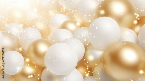  a bunch of white and gold balloons floating in the air with a blurry background of gold and white balls on the bottom of the balloons and bottom of the balloons. generative ai