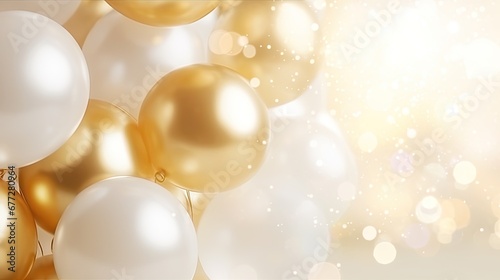  a bunch of gold and white balloons in front of a gold and white background with a starburst in the middle of the balloon, and the balloons in the foreground. generative ai