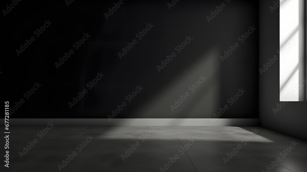 Black wall and smooth floor with beautiful window shadow and sun glare. Universal background for product presentation.