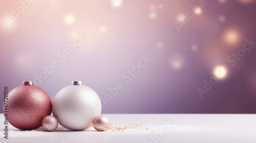  a couple of ornaments sitting on top of a white table next to a purple and pink blurry background with a blurry boke of lights in the background.  generative ai