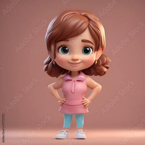 3D Render of Cartoon Little Girl with pink dress and blue shoes