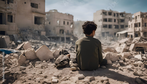 Rear view of a homeless man sitting on the ruins of a building