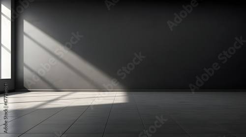 Black wall and smooth floor with beautiful window shadow and sun glare. Universal background for product presentation.