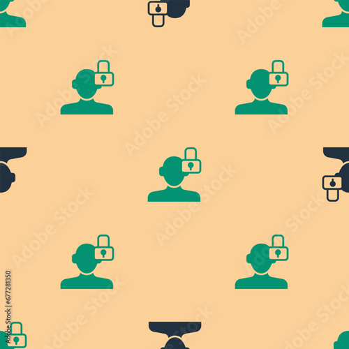 Green and black Closed personality icon isolated seamless pattern on beige background. Introvert psychology. Vector