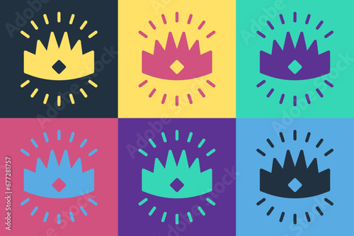 Pop art King crown icon isolated on color background. Vector