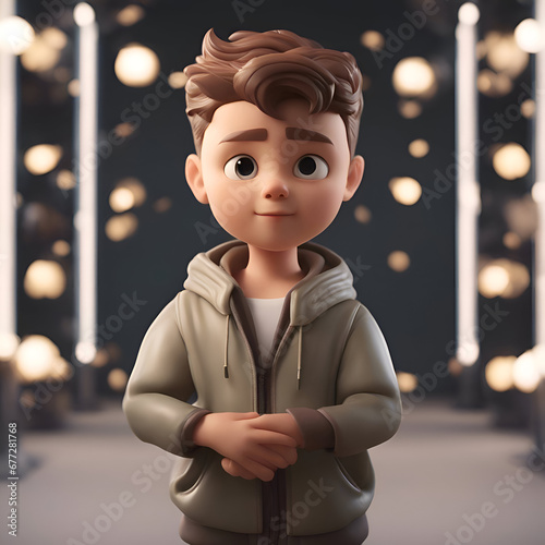 3D illustration of a cute boy in a green jacket posing in the room.