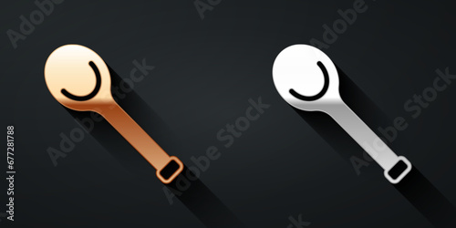 Gold and silver Sauna ladle icon isolated on black background. Long shadow style. Vector