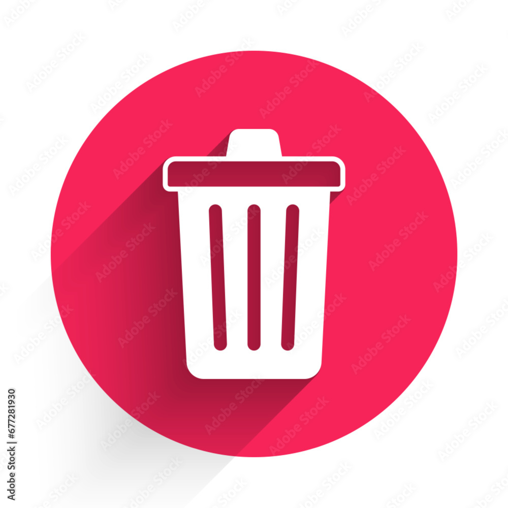 White Trash can icon isolated with long shadow background. Garbage bin sign. Recycle basket icon. Office trash icon. Red circle button. Vector White Trash can icon isolated with long shadow background. Garbage bin sign. Recycle basket icon. Office trash icon. Red circle button. Vector