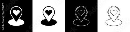 Set Map pointer with heart icon isolated on black and white background. Valentines day. Love location. Romantic map pin. Vector