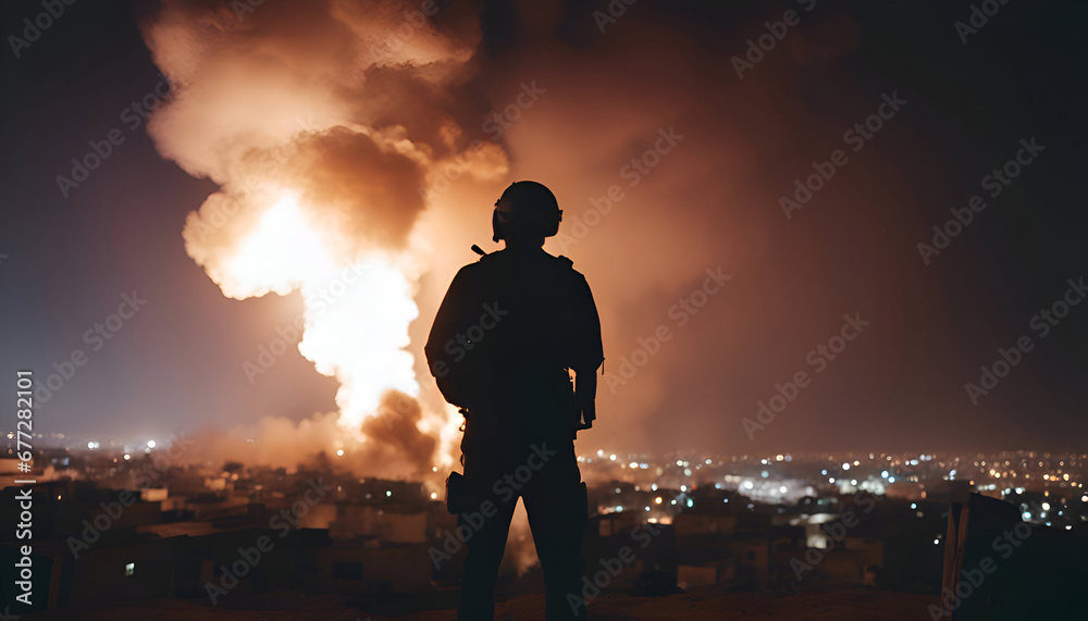 Silhouette of a soldier standing in the middle of a burning city