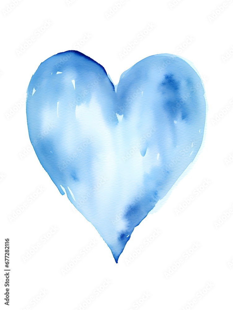 Drawing of a Heart in light blue Watercolors on a white Background. Romantic Template with Copy Space