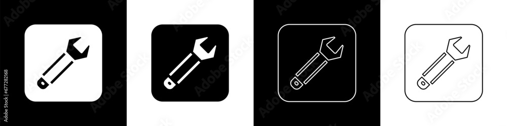 Set Wrench spanner icon isolated on black and white background. Spanner repair tool. Service tool symbol. Vector