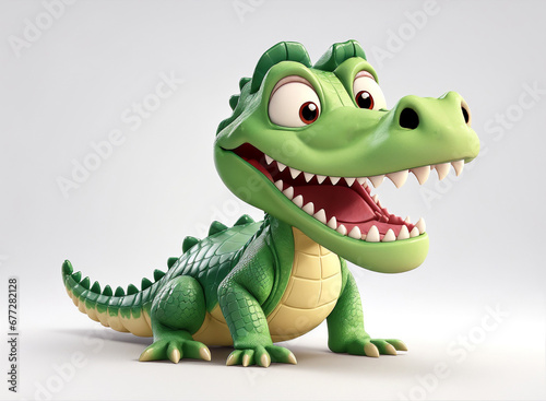 A 3d rendering featuring a happy and adorable cartoon character crocodile against a white background