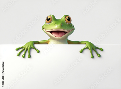 A 3D animated green frog cartoon character holding a blank white banner board
