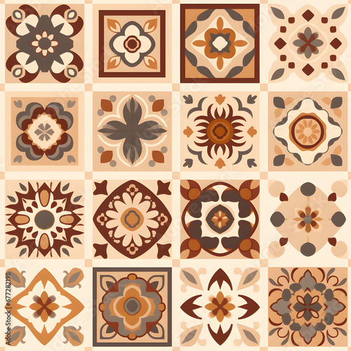 azulejo, seamless pattern. wall ceramic tiles. a repeating backdrop, a set of tiles in beige and brown colors. repeating background.