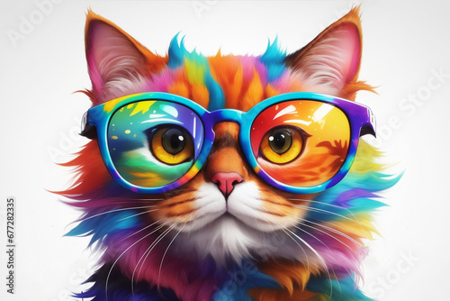 Vibrant artistic illustration of a colorful painted chic cat with glasses against a white backdrop