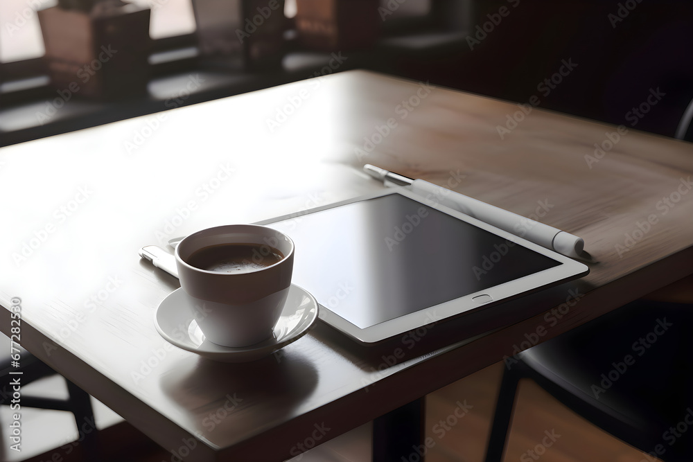 Tablet computer and coffee cup on table in coffee shop. stock photo