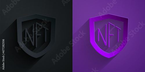 Paper cut NFT shield icon isolated on black on purple background. Non fungible token. Digital crypto art concept. Paper art style. Vector