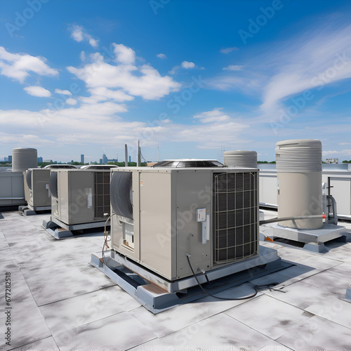 Air conditioner on the roof of building with blue sky background.