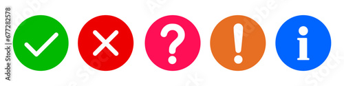 Check mark icon set, cross, question mark and exclamation point, information sign, query FAQ, tick, finding the answers mark, help symbol, asking and admiration - stock vector