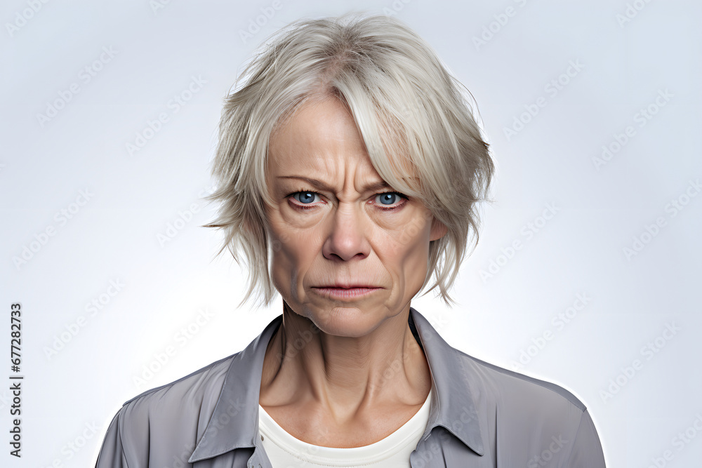 Tired Caucasian woman, head and shoulders portrait on grey background. Neural network generated image. Not based on any actual person or scene.