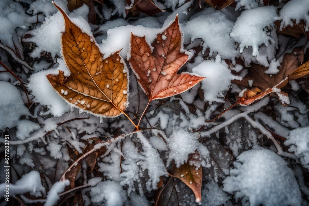 Texture of some leaves covered by snow and ice on a winter day