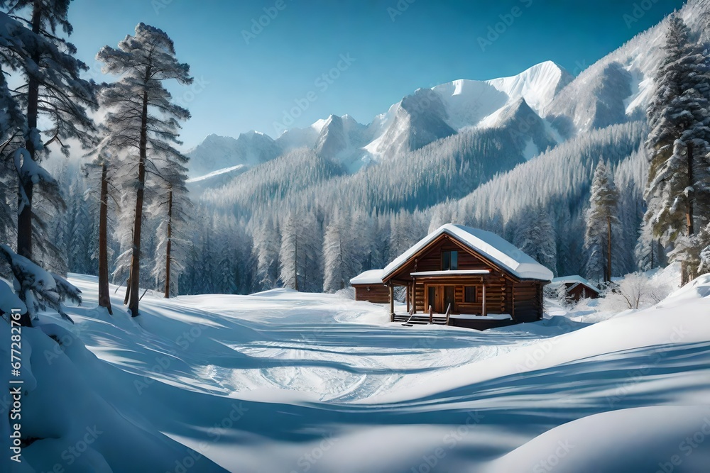 A serene winter morning, with snow-covered mountains in the background and a cozy cabin nestled in a pine forest. Capture the stillness and beauty of the scene.