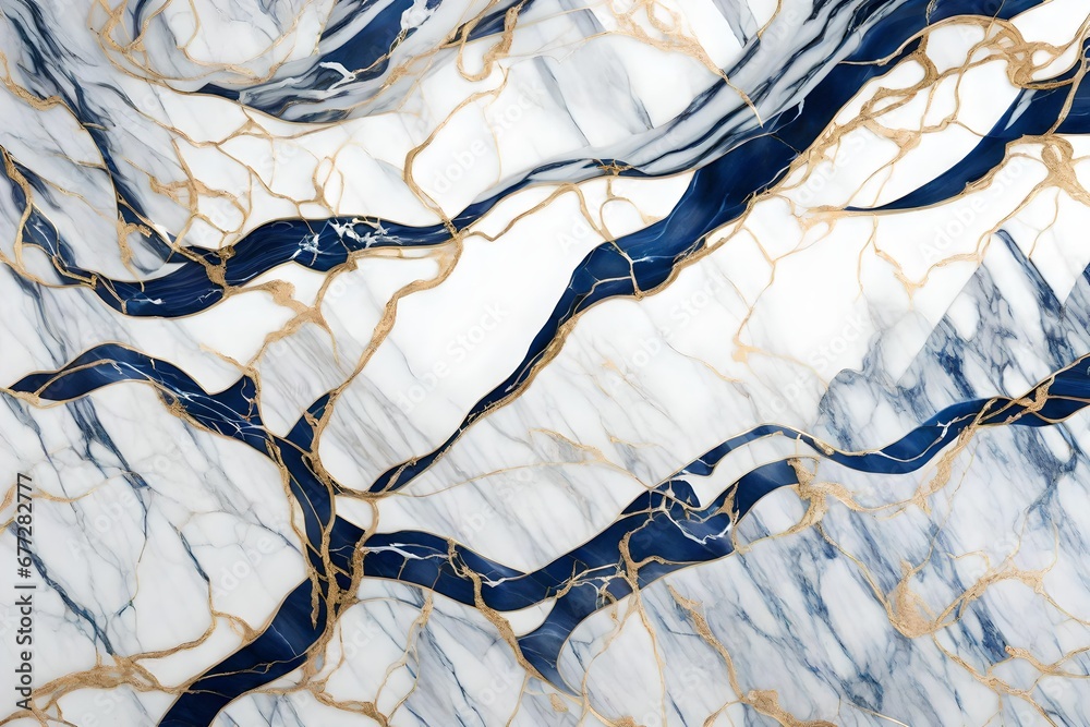Naklejka premium An artistic representation of white marble with delicate indigo veins, elegantly intertwined with shimmering gold accents, producing a visually stunning and refined texture.