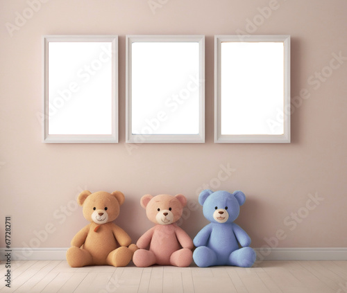 Mockup of a children's room design featuring large three blank white poster board on the wall and three teddybears.