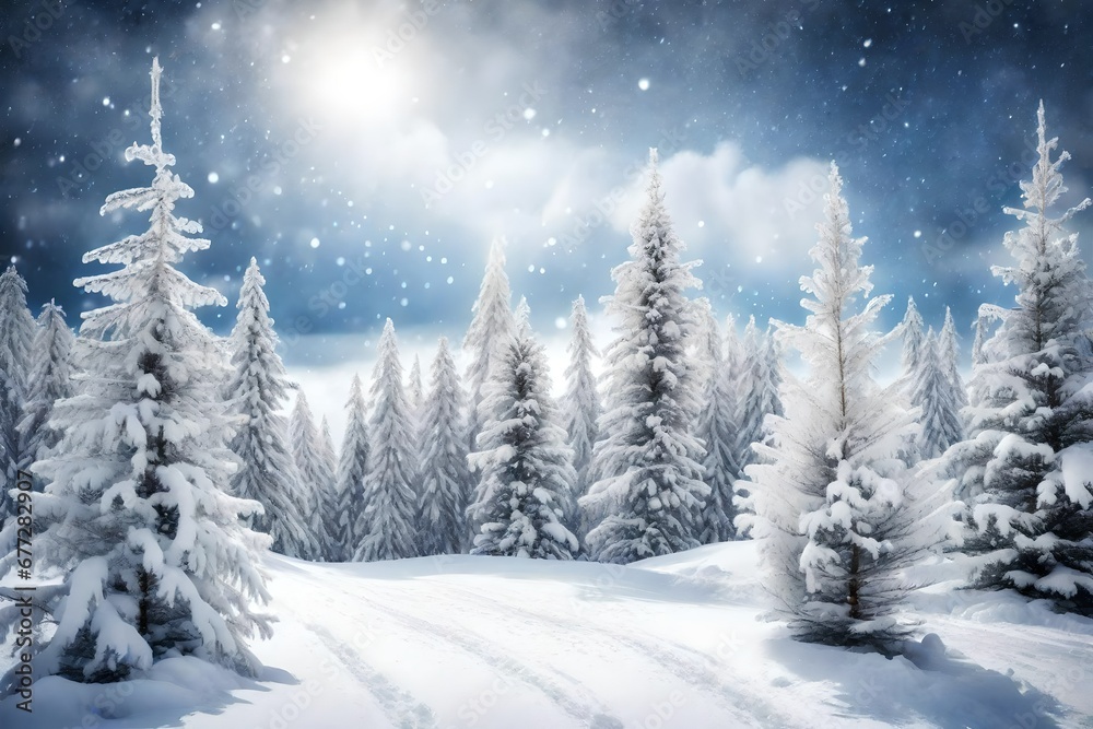Fototapeta premium Christmas background with snowy fir trees