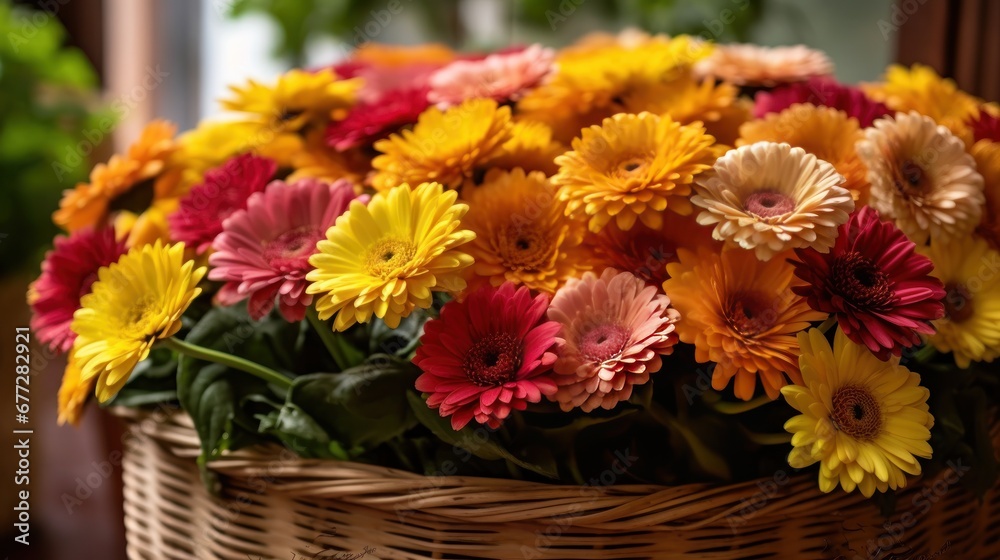 Colorful gerbera flowers in a basket on the table. Springtime  concept with a space for a text. Valentine day concept with a copy space.