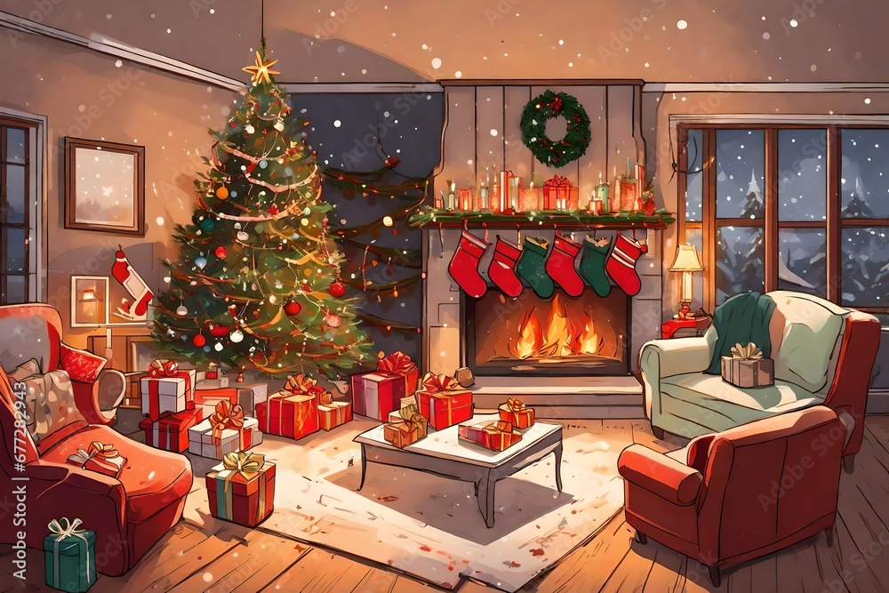 Obraz premium Illustrate a cozy living room decorated for Christmas, with a roaring fireplace, a beautifully decorated tree, and a family exchanging gifts and laughter
