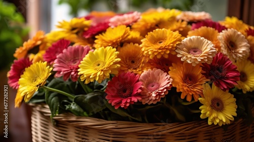 Colorful gerbera flowers in a basket on the table. Springtime concept with a space for a text. Valentine day concept with a copy space.