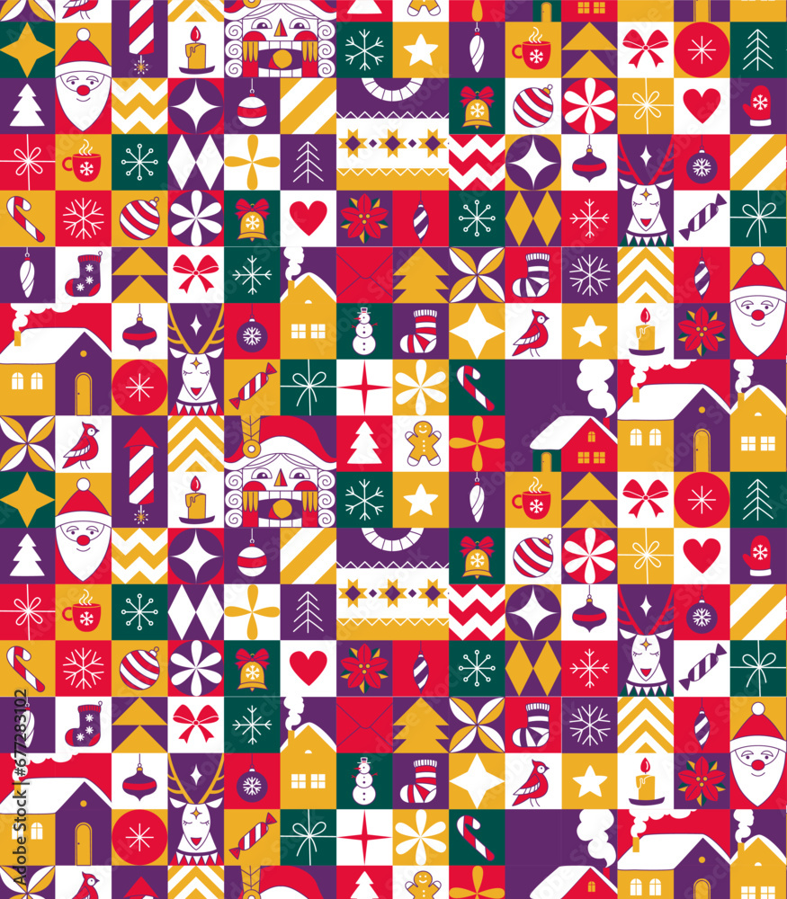 Graphic Christmas seamless pattern. Holidays 2024 postcard. Square Line icons