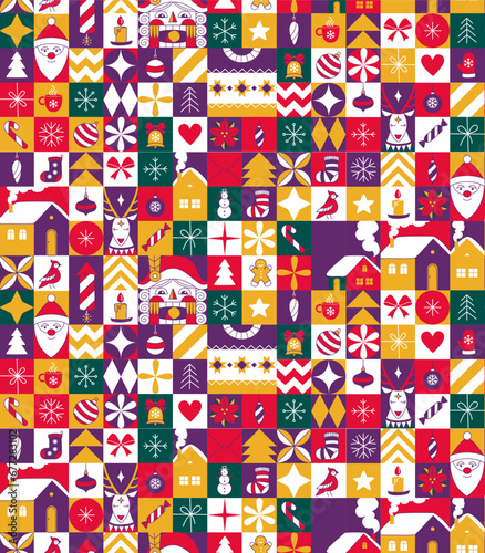 Graphic Christmas seamless pattern. Holidays 2024 postcard. Square Line icons © svsunny