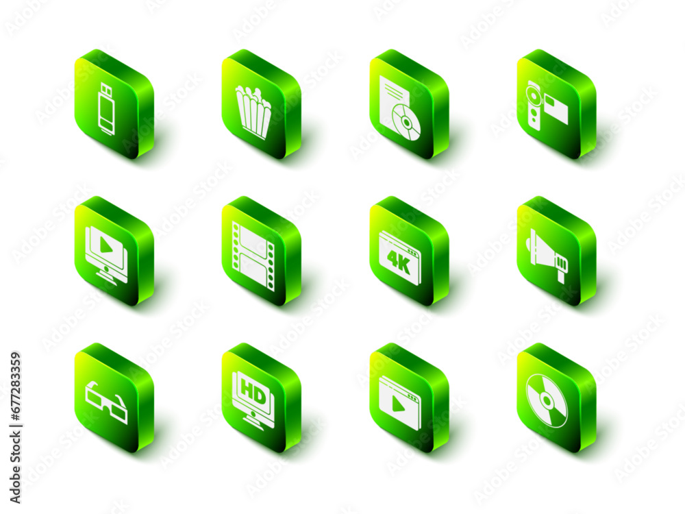 Set Popcorn in box, CD DVD disk, Cinema camera, Megaphone, Online play video with 4k, and Monitor HD icon. Vector Set Popcorn in box, CD DVD disk, Cinema camera, Megaphone, Online play video with 4k, and Monitor HD icon. Vector