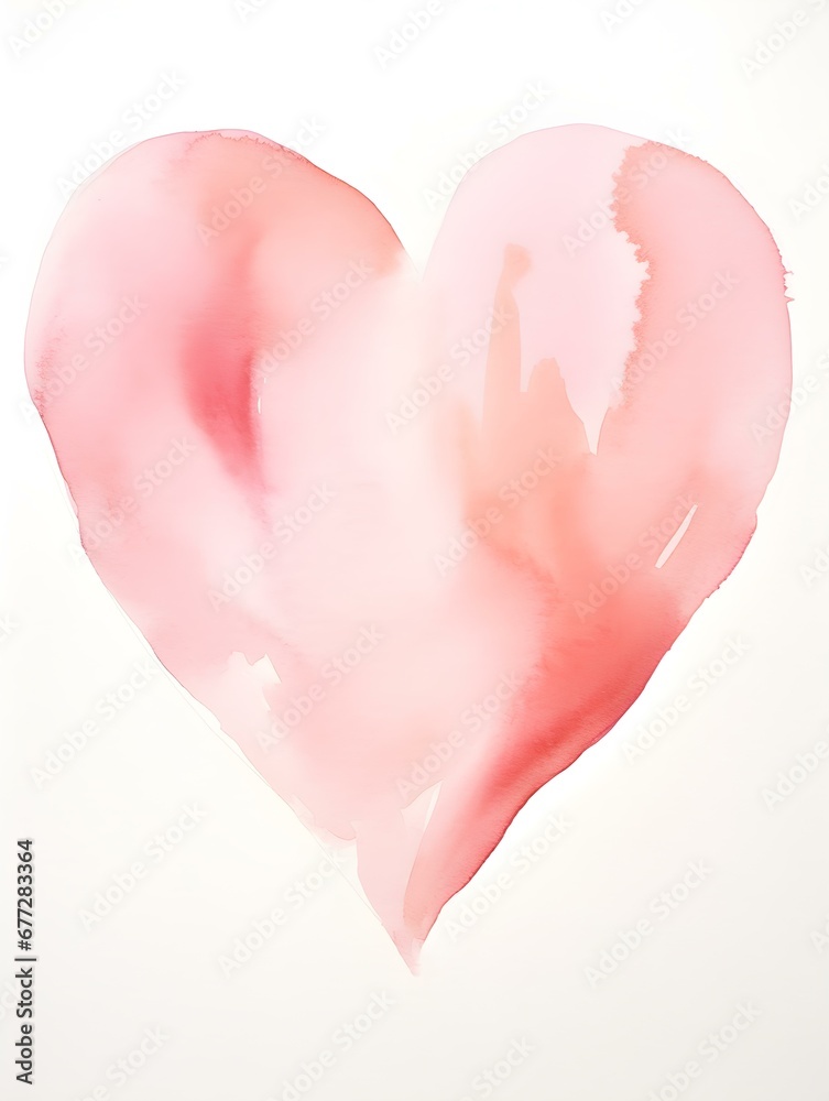 Drawing of a Heart in light pink Watercolors on a white Background. Romantic Template with Copy Space