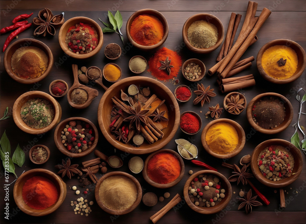 Topview of an array of assorted spices elegantly displayed on a kitchen table