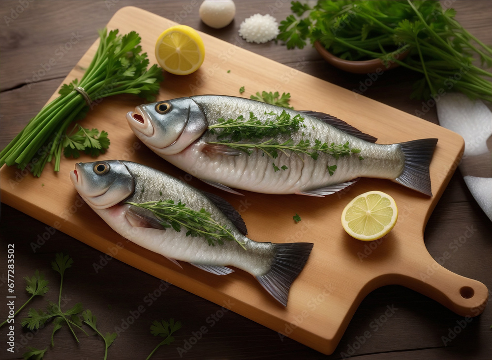 Two healthy seafood raw fish prepare for cooking with lemon herb on board Two healthy seafood raw fish prepare for cooking with lemon herb on board