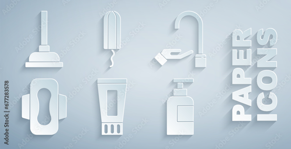 Set Tube of toothpaste, Washing hands with soap, Sanitary napkin, Bottle shampoo, tampon and Rubber plunger icon. Vector Set Tube of toothpaste, Washing hands with soap, Sanitary napkin, Bottle shampoo, tampon and Rubber plunger icon. Vector