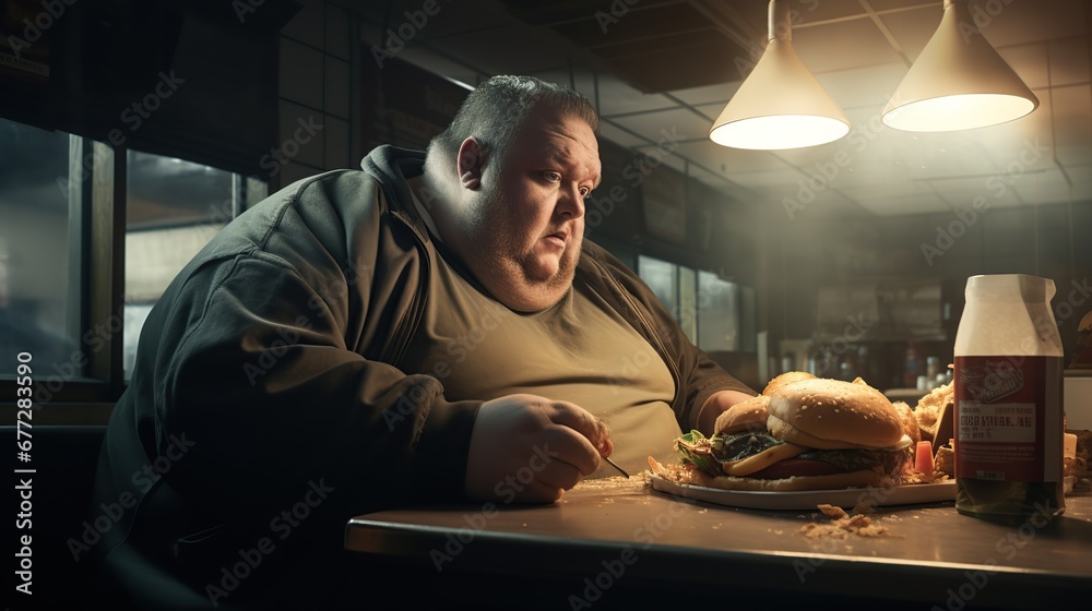 Fat man eat food. Exaggerated presentation of a greedy fat man eating fast food or junk meal in a fast food restaurant. Concept about fat man. - obrazy, fototapety, plakaty 