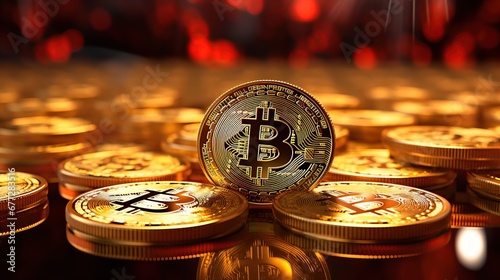 Golden bitcoin coin in fire flame, water splashes and lightning. Bitcoin. Physical gold bitcoin. Digital currency. Cryptocurrency. Golden coin with bitcoin symbol. beautiful coin.